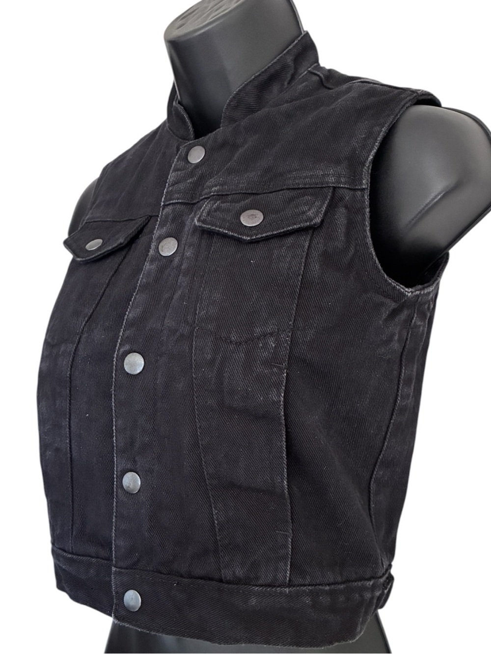 Unik Denim Faded Black Sleeveless Moto Grunge Biker Denim Vest Snap Front Sz M - Picture 4 of 8